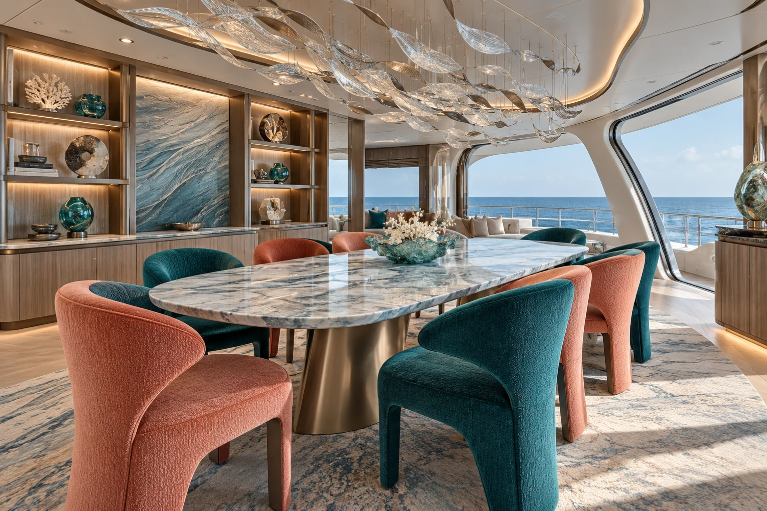 Yacht dining area framed by curved glazing with the sea beyond