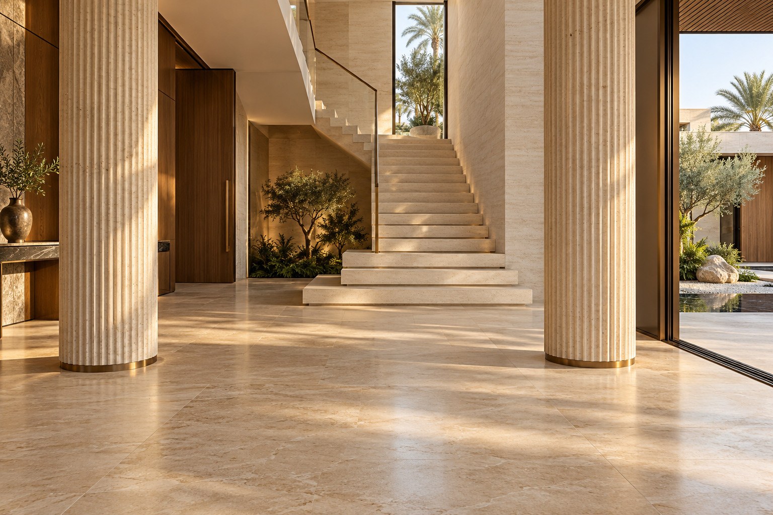 Design concept of a stone entrance hall with fluted columns, stone floor and stair