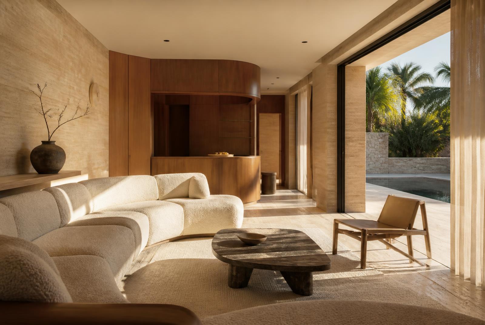 Boutique villa living space with travertine walls, curved timber joinery and pool beyond