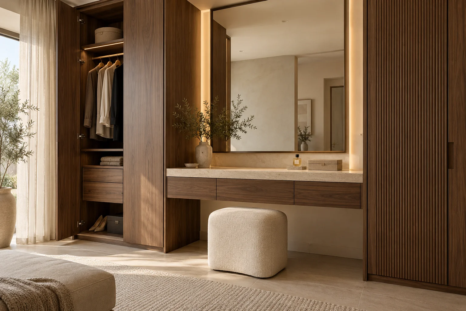 Walnut dressing table with a stone surface, mirror and upholstered seat