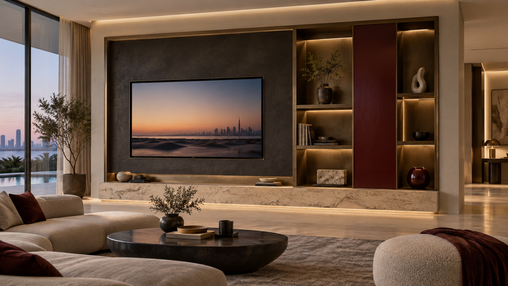 Asymmetric media wall with an offset screen, charcoal microcement, bronze and oxblood lacquer over lit display niches