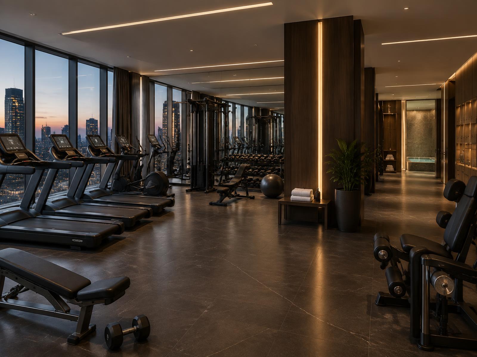 Completed luxury hotel gym with commercial cardio and strength equipment and a spa beyond
