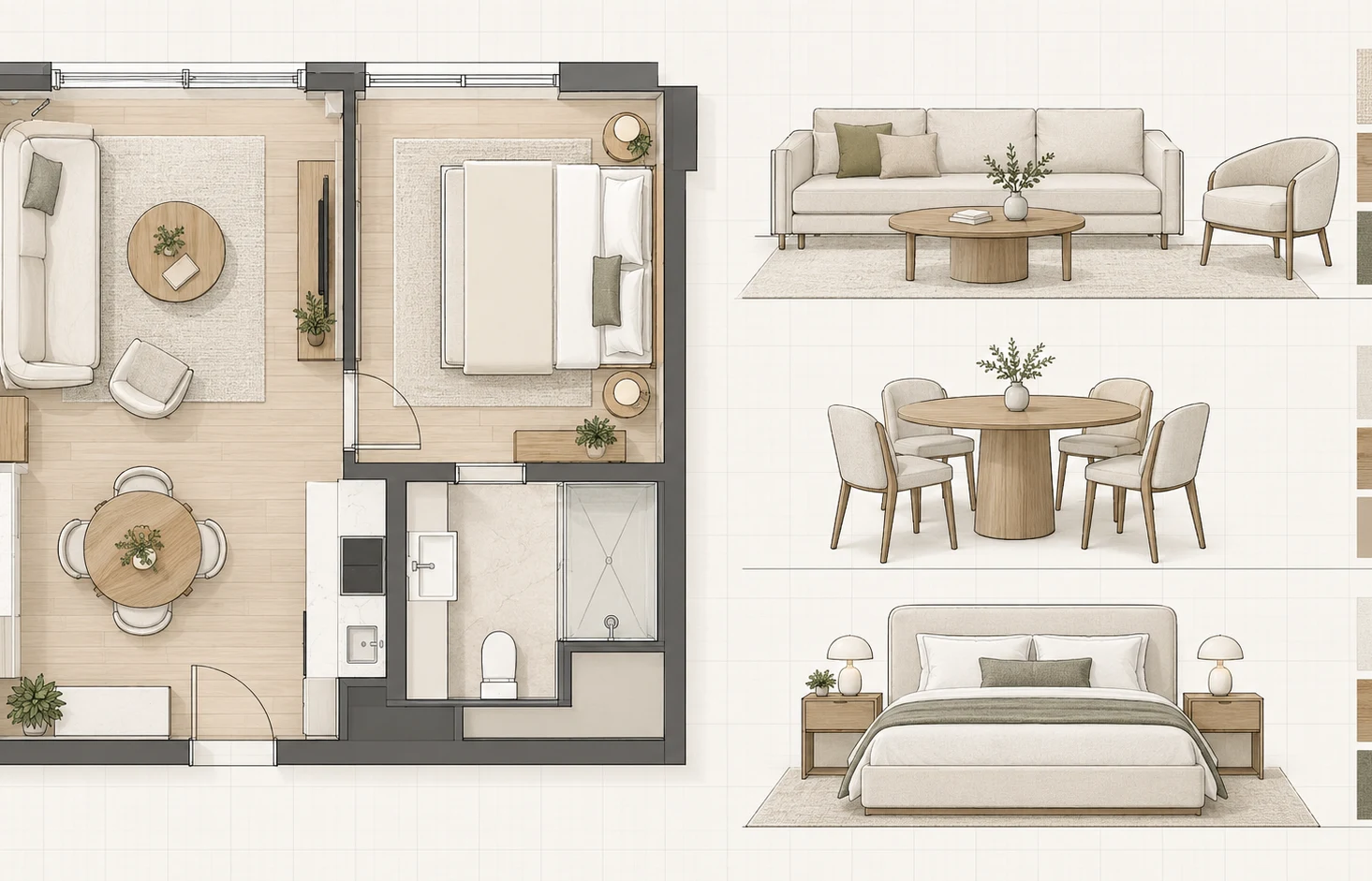 Furniture space plan and room elevations