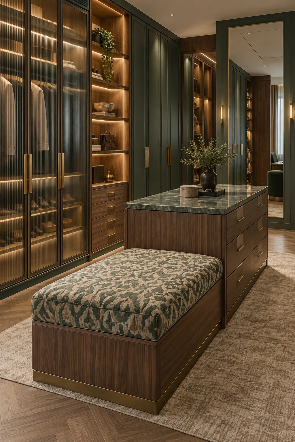 Dressing room with jade lacquered wardrobes and walnut drawers