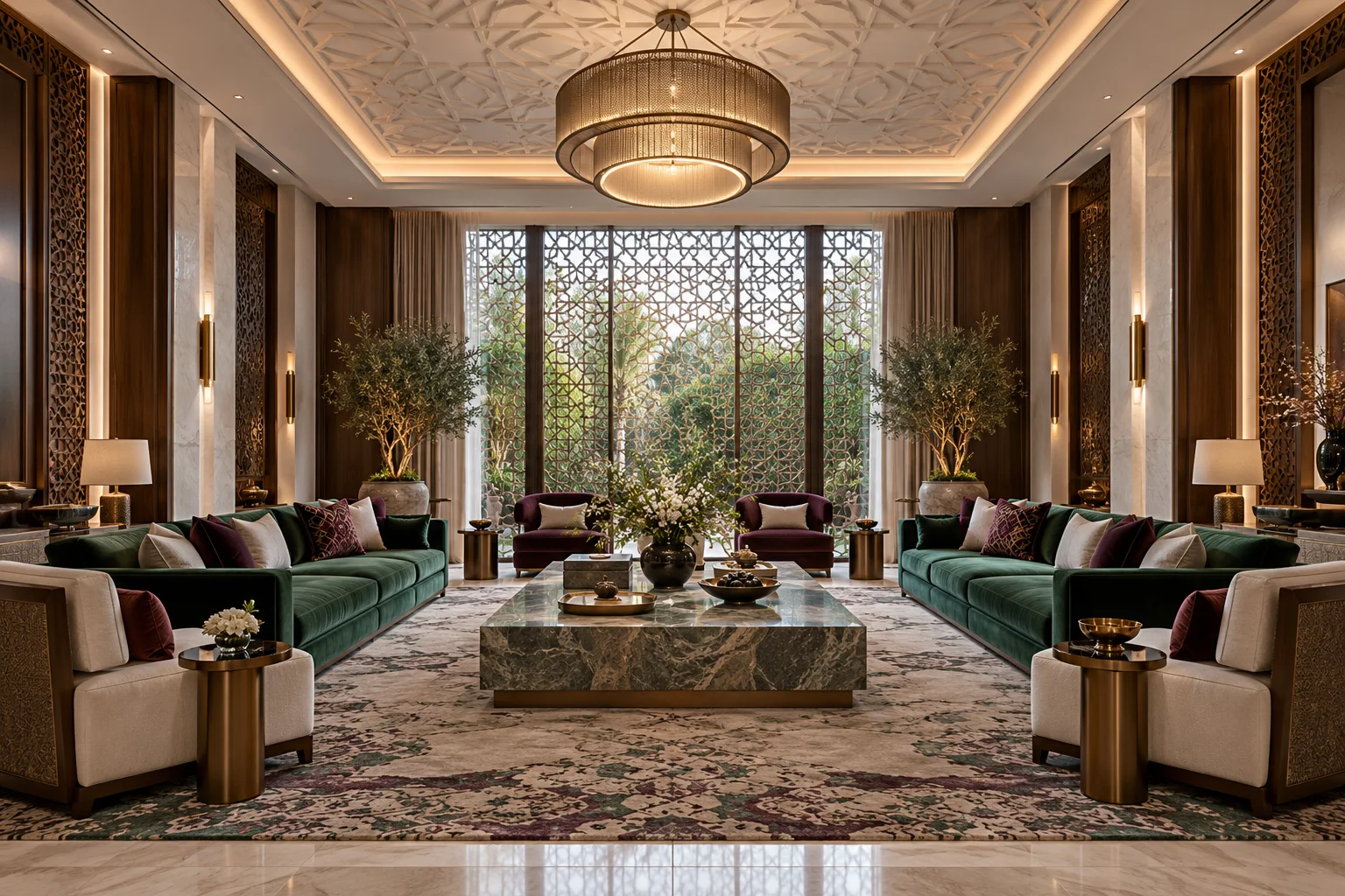 Formal majlis with symmetrical sofas, a stone coffee table, patterned ceiling and screened garden view