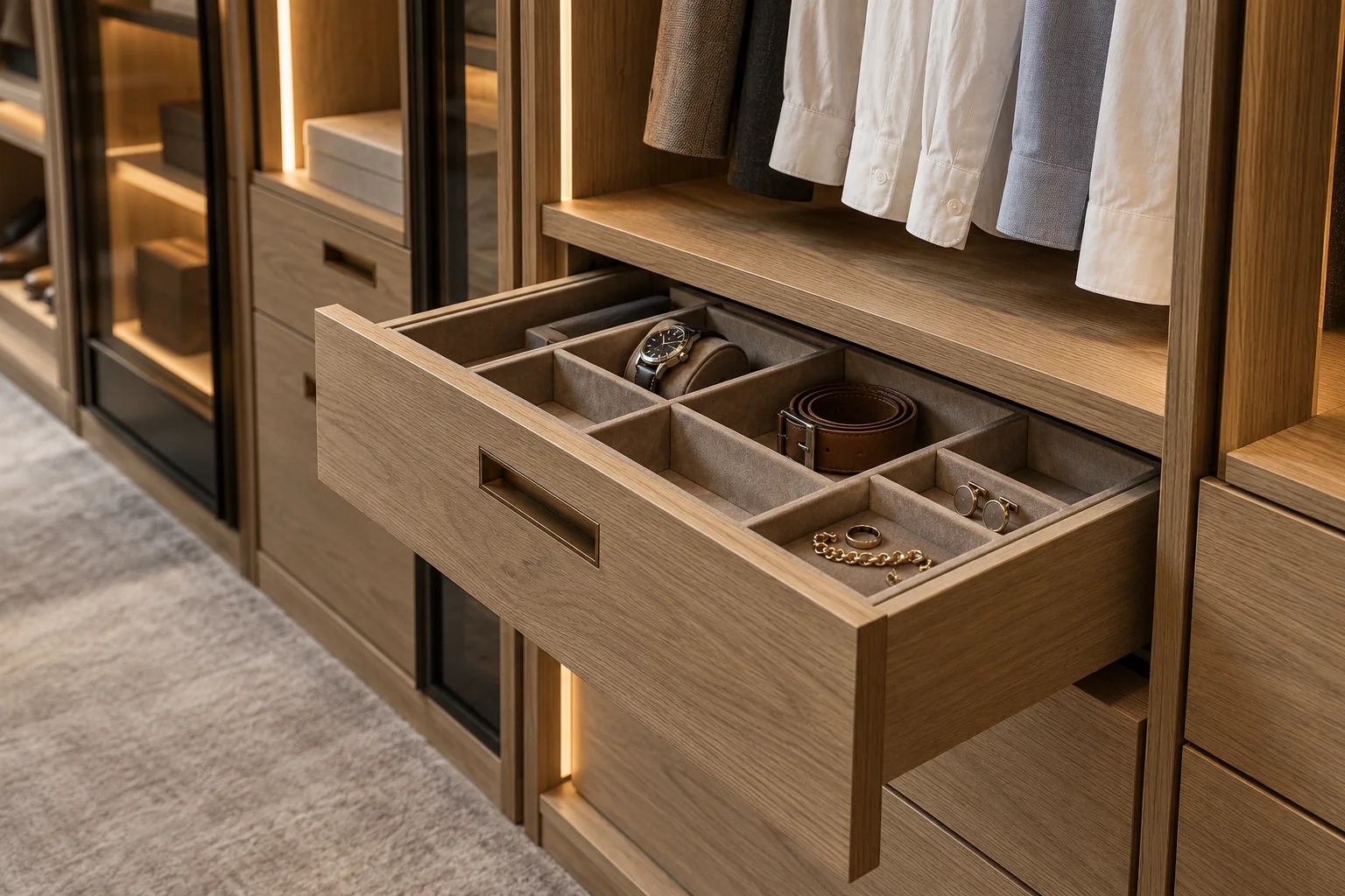 Open oak accessory drawer with compartments beneath hanging clothes