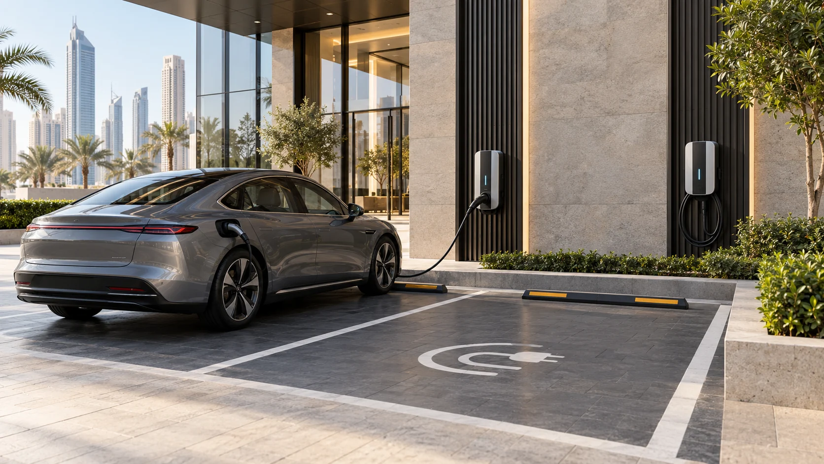Grey electric saloon connected to one of two wall-mounted chargers in a marked bay outside an office building