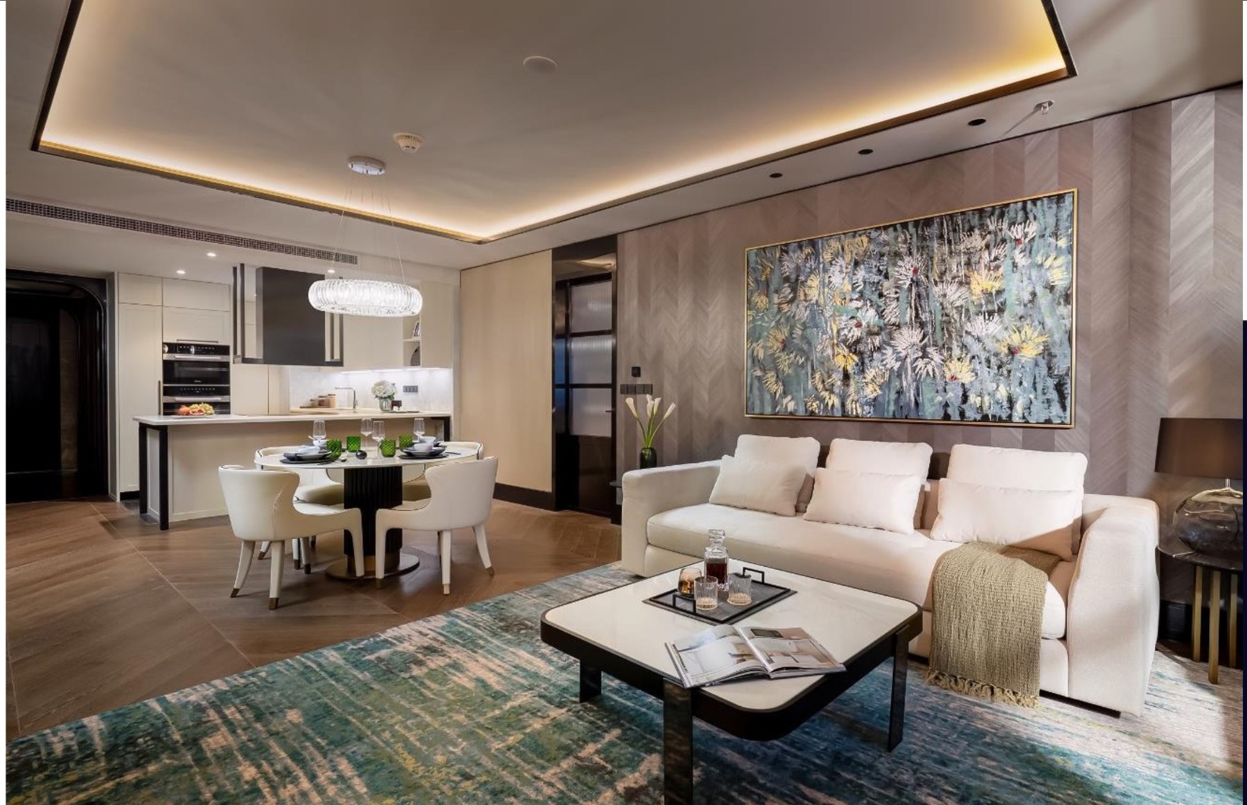 Branded residence living space in Hanoi with stone floors, timber joinery and city views