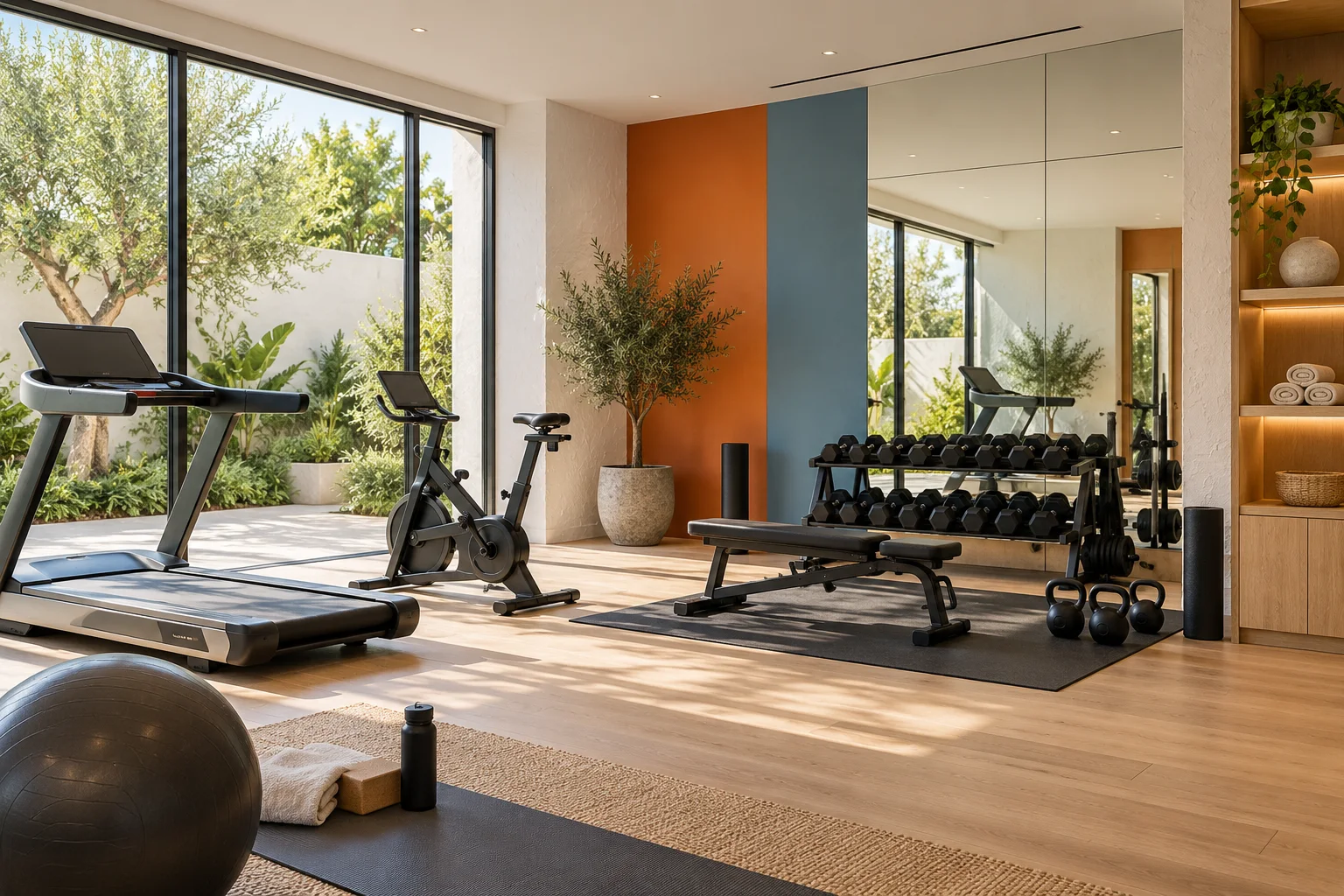 Home gym with treadmill, bike, free weights and mirrored wall facing the garden