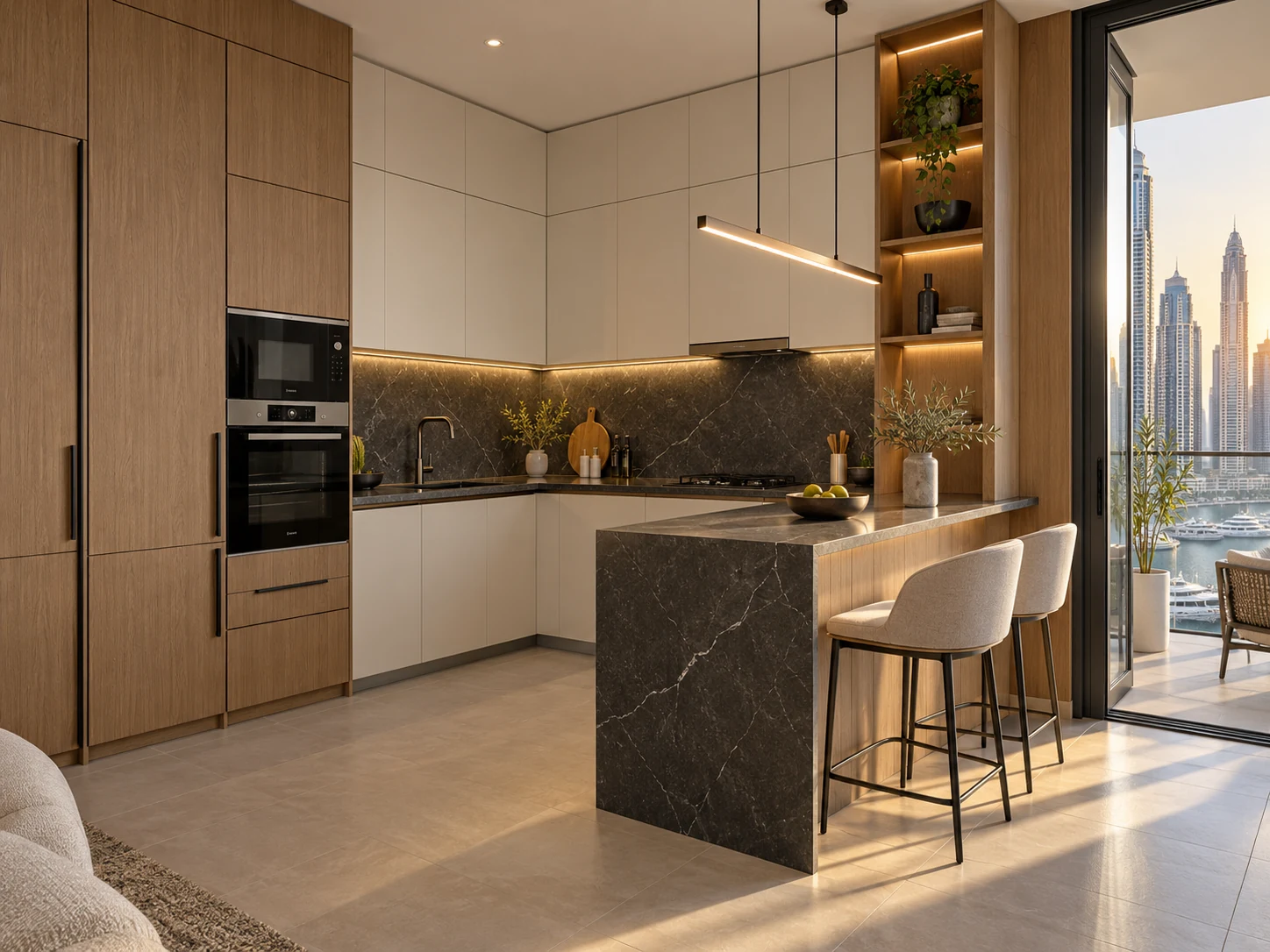 Compact apartment kitchen design direction with fitted storage and integrated appliances