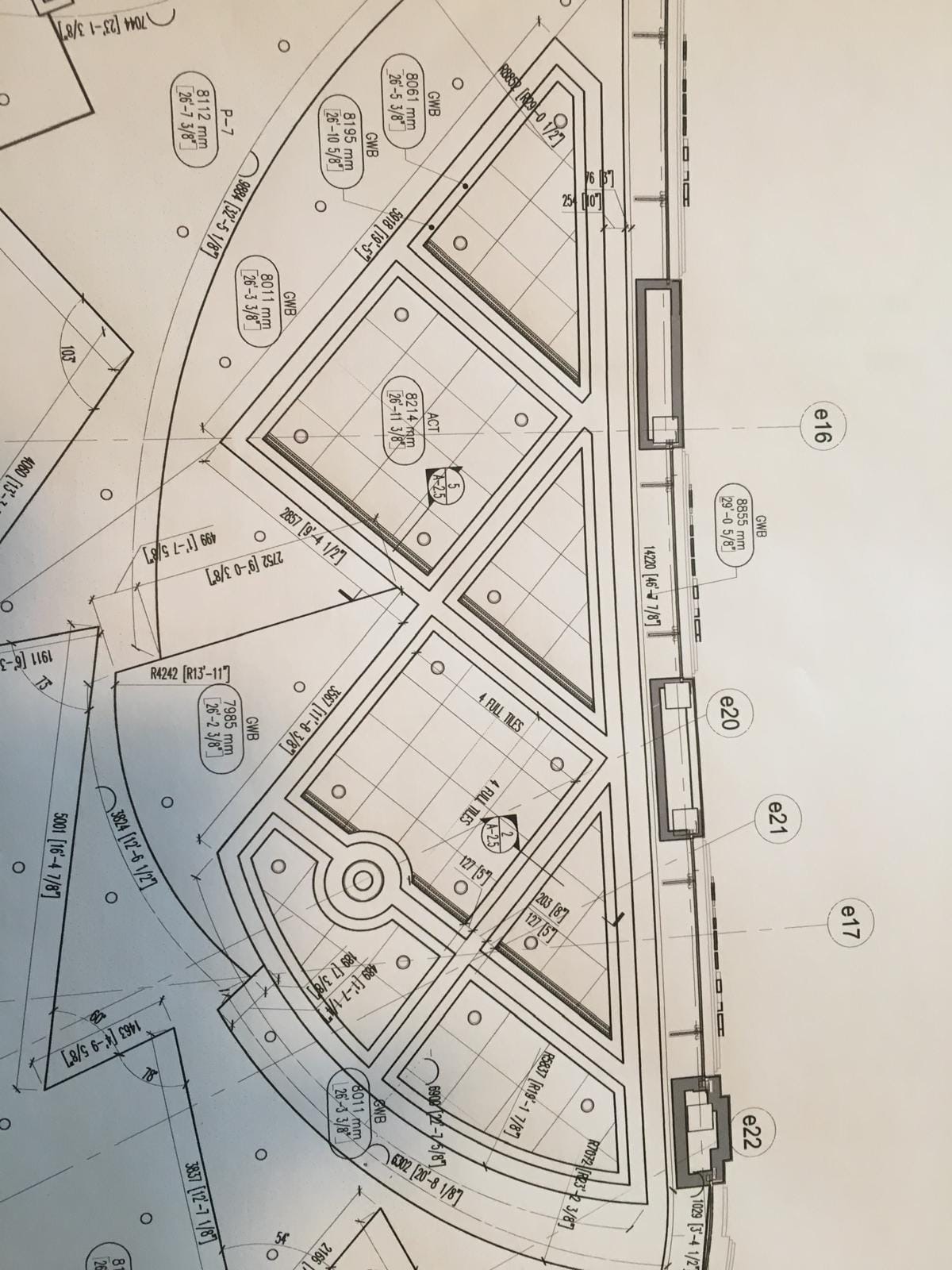 Reflected ceiling layout drawing showing radii, dimensions and setting-out information
