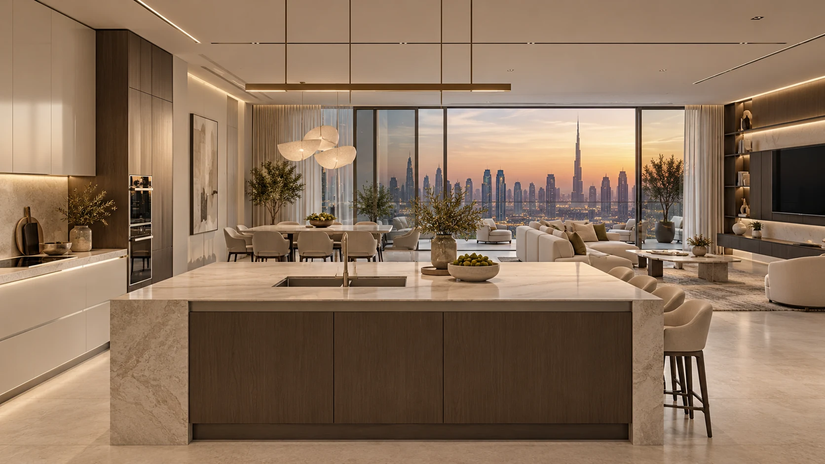 Connected kitchen design direction with dining, living and fitted media joinery