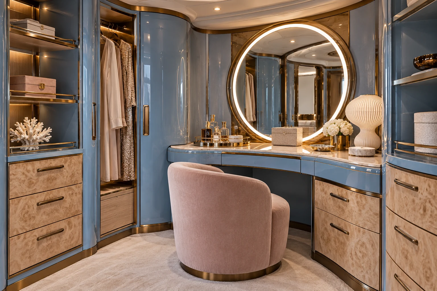 Compact dressing and vanity area with tailored storage on a yacht