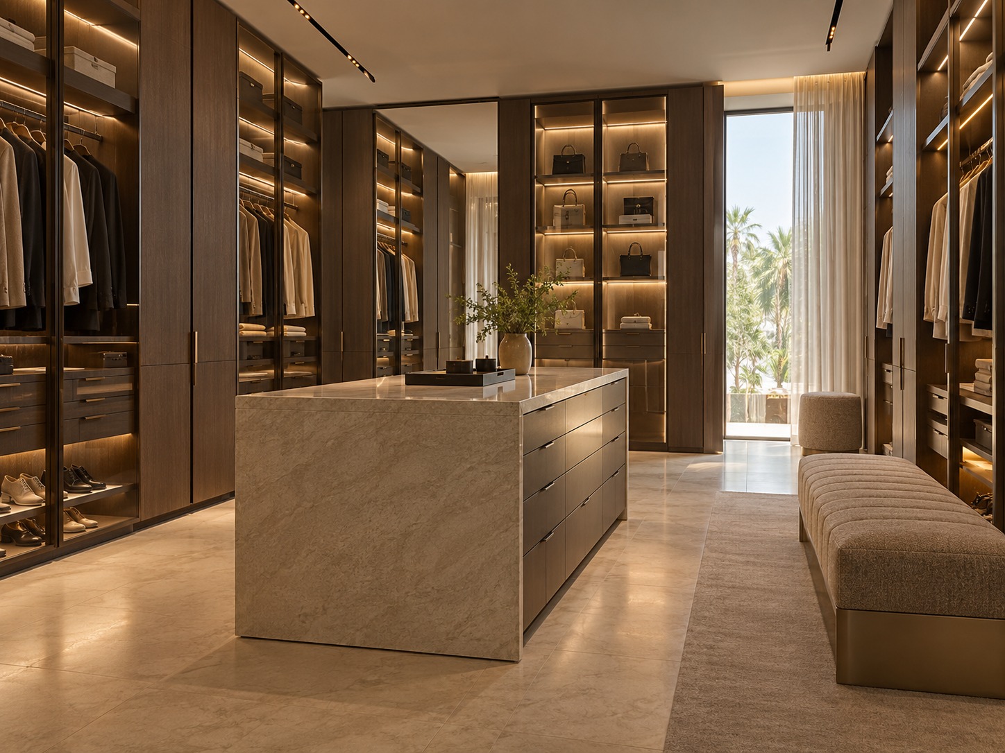 Timber dressing room with fitted storage and illuminated shelving