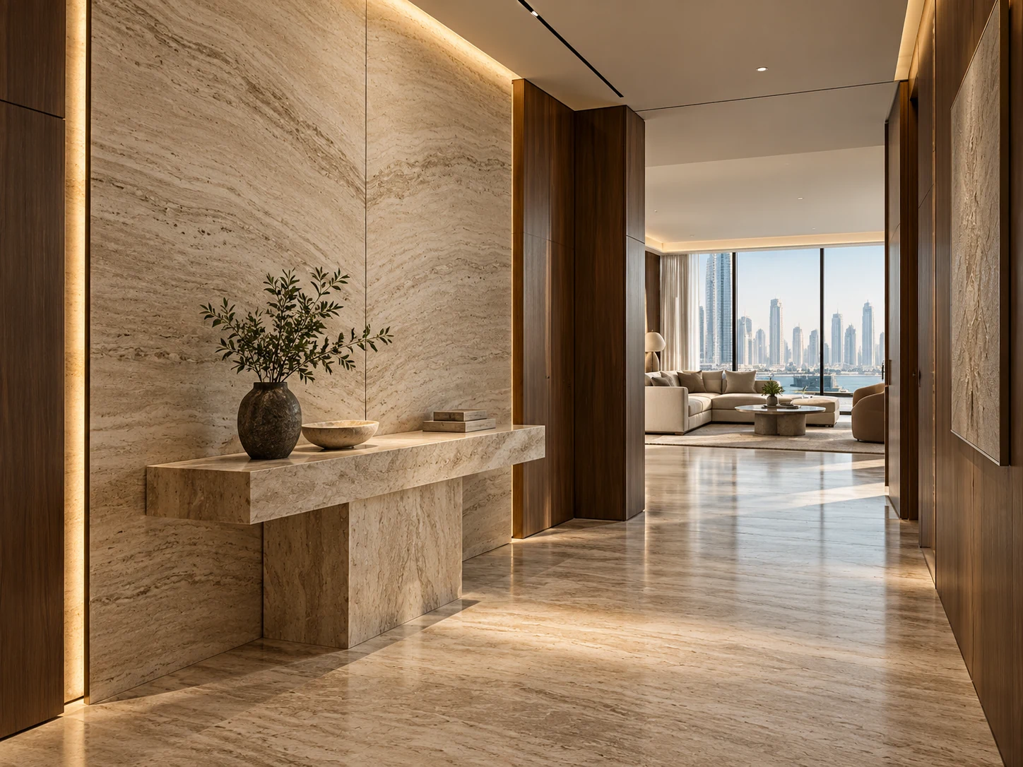 Natural stone entrance with a sculptural console and timber detailing