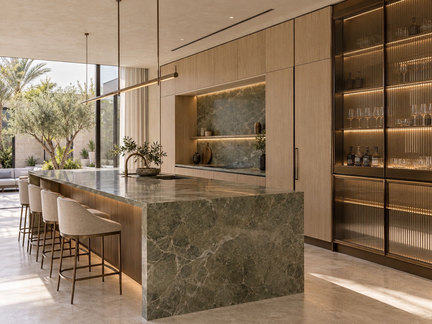 Kitchen and bar cabinetry with stone surfaces and timber detailing