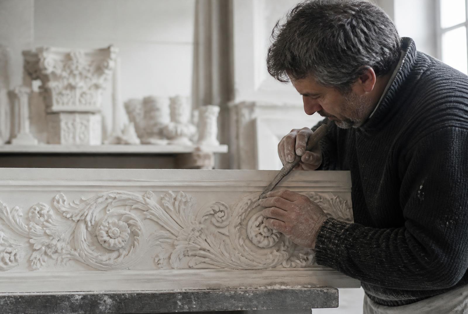 Artisan hand-carving a decorative plaster cornice in the modelling studio