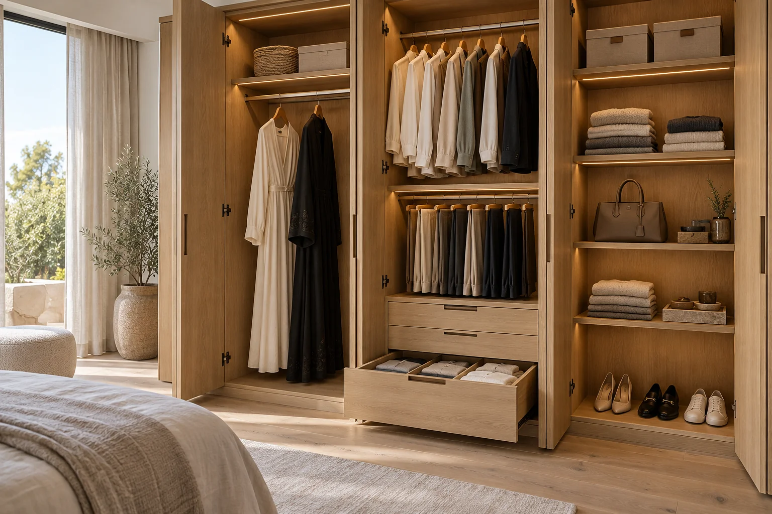 Oak wardrobe with full-length hanging, divided drawers and upper shelves