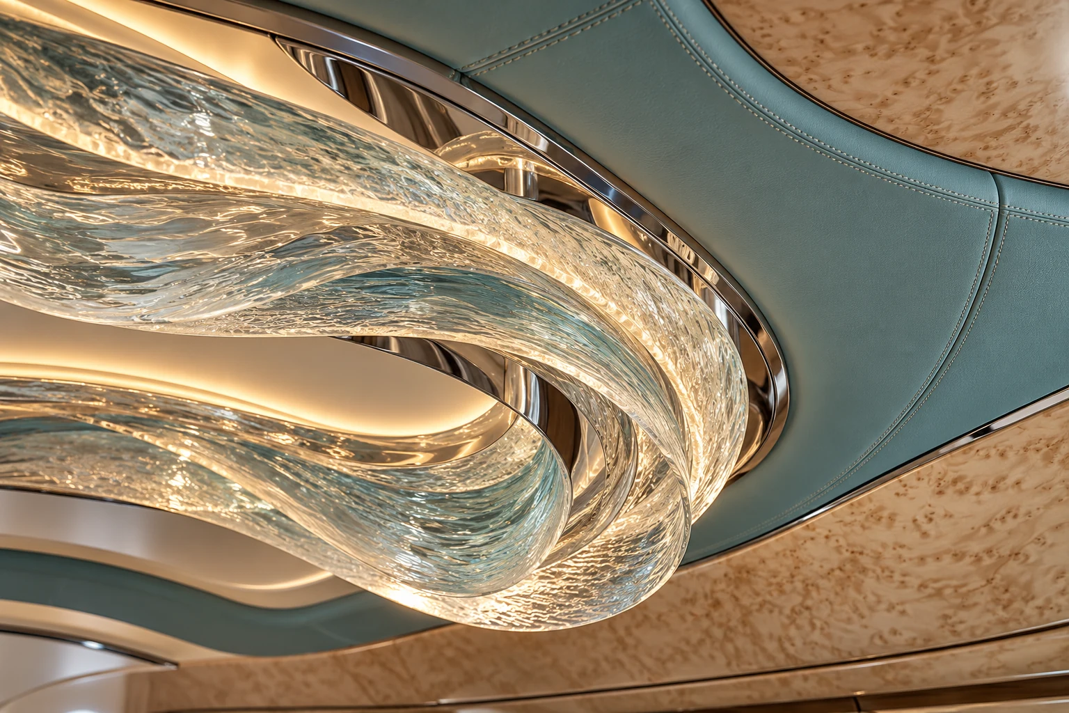 Bespoke glass and metal lighting detail inside a yacht interior
