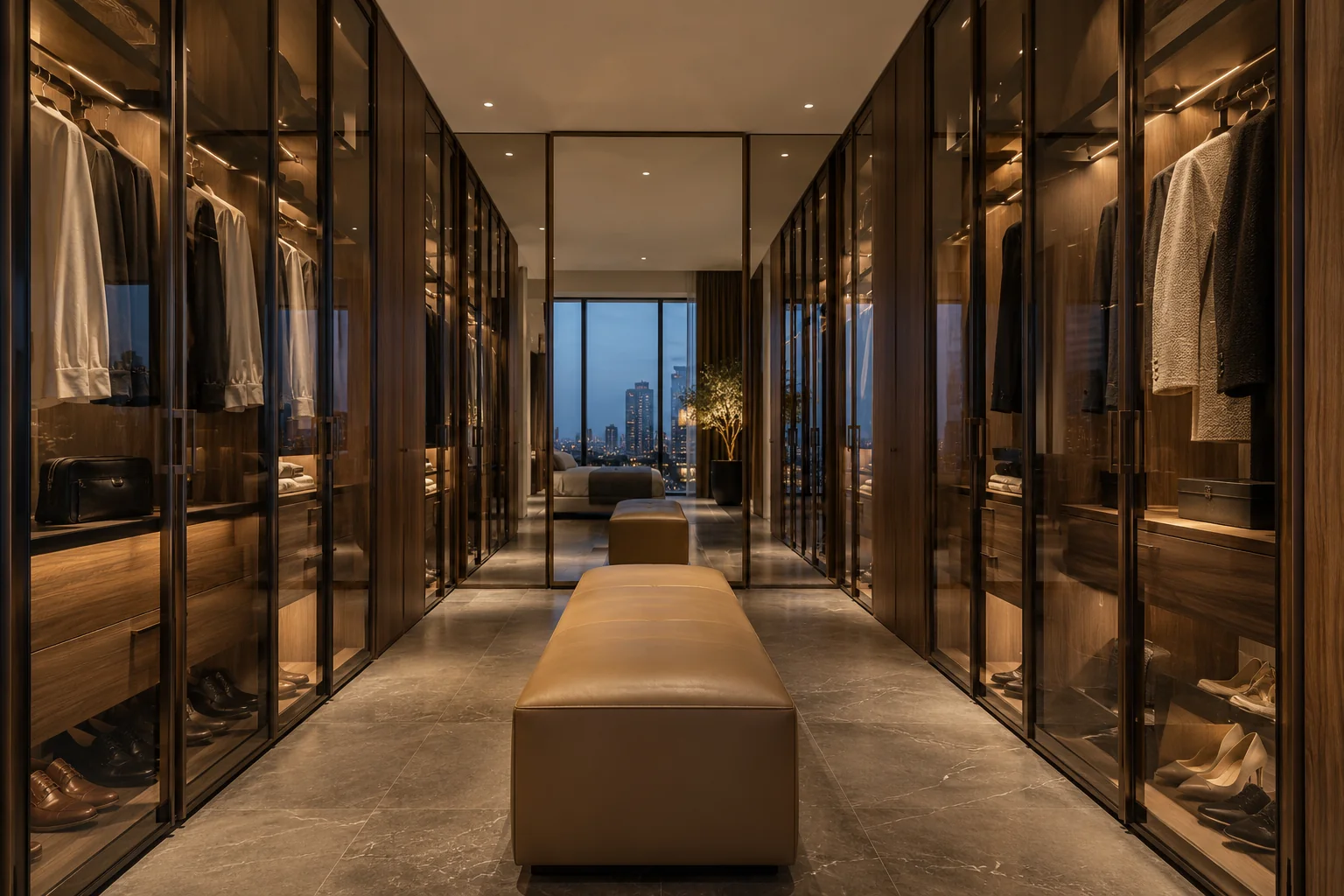 Bronze-framed glass wardrobes with hanging storage and upholstered seating