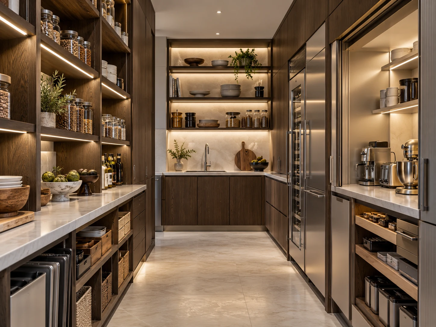 Pantry and back kitchen design direction with tall storage and appliance stations