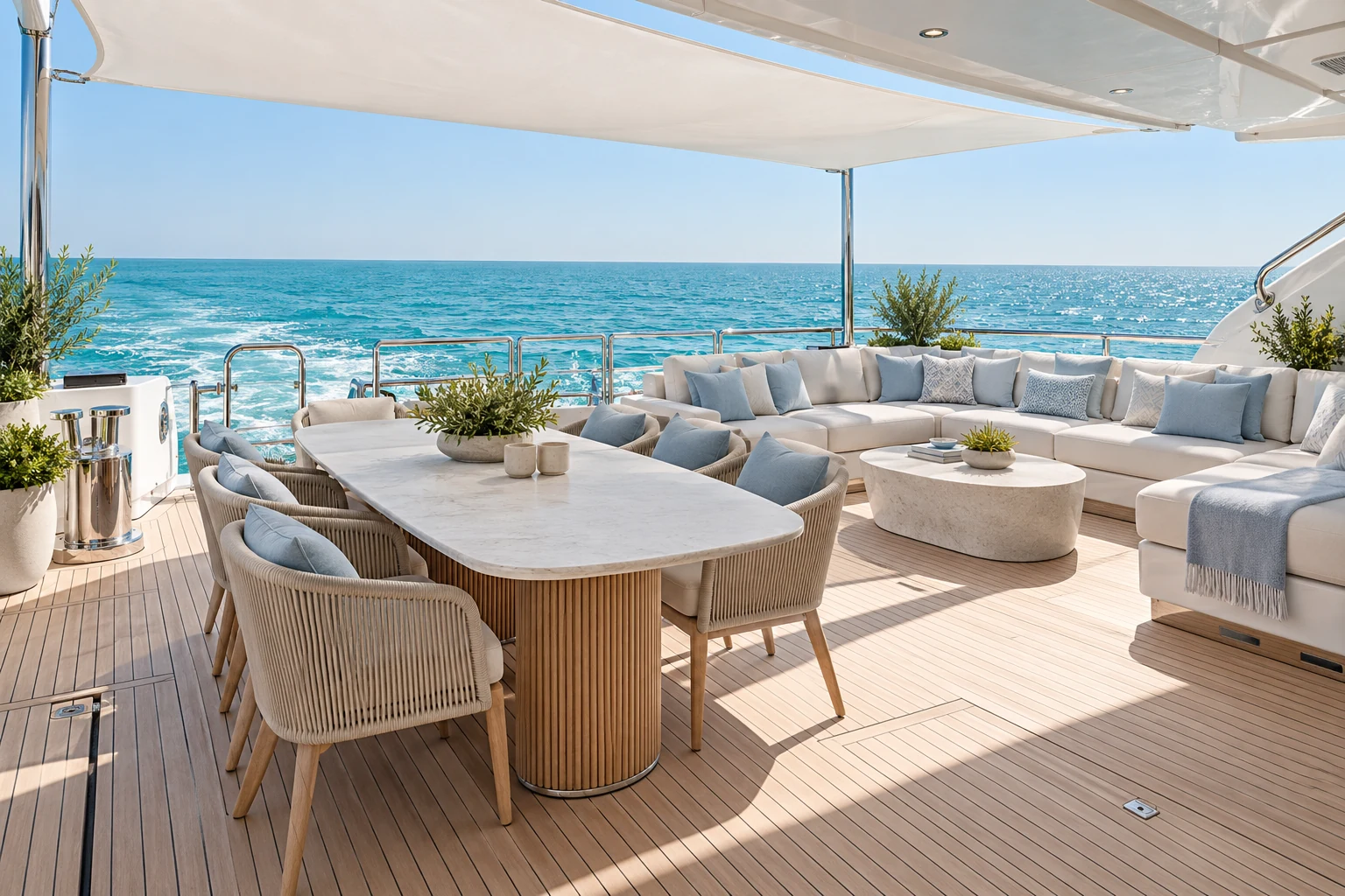 Bright aft deck with outdoor seating beneath a shaded canopy