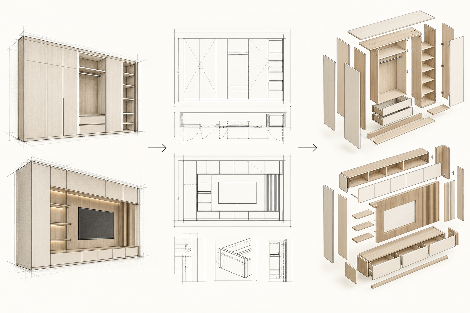 Conceptual fitted storage and built-in furniture elevations with exploded assembly views