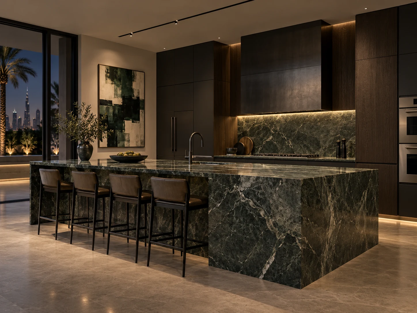 Dark oak kitchen design direction with veined stone island and metal details