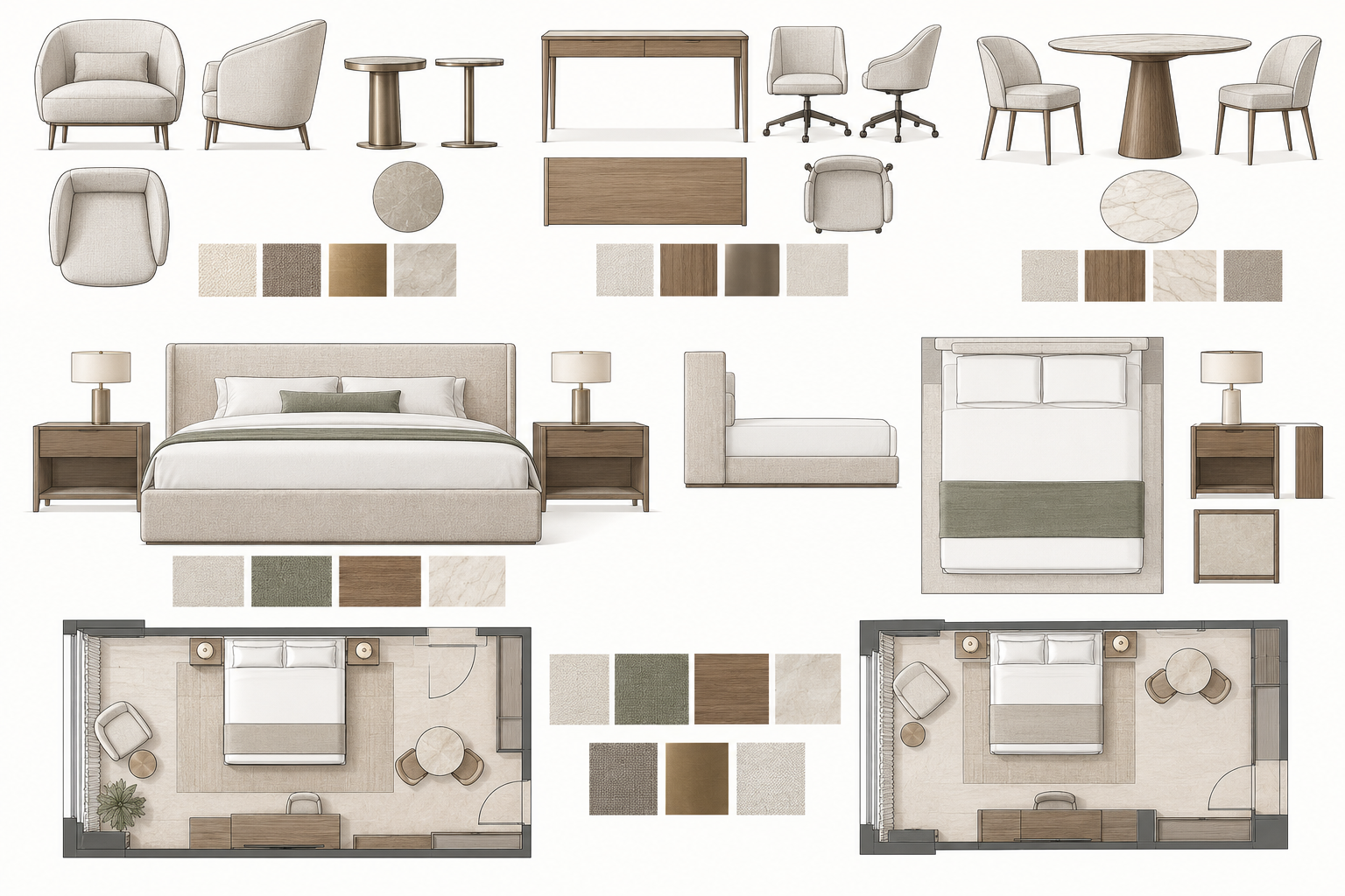 Conceptual furniture coordination board with seating, casegoods, room layouts and finish palettes