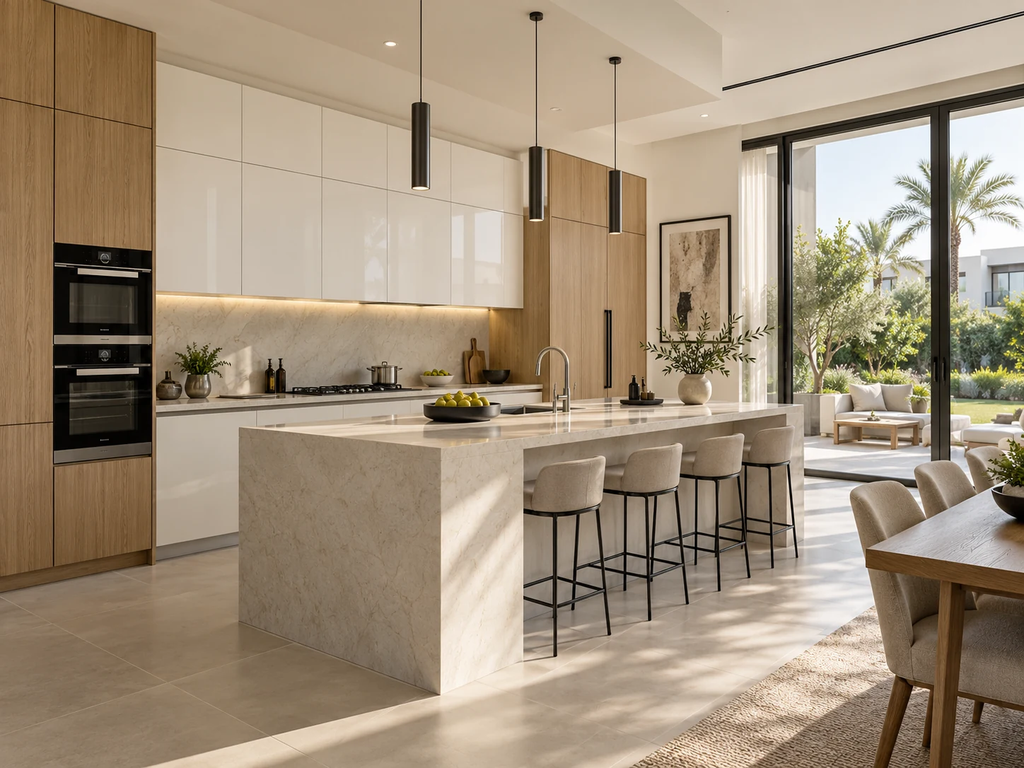 Bright villa kitchen design direction with pale cabinets, oak joinery and garden access