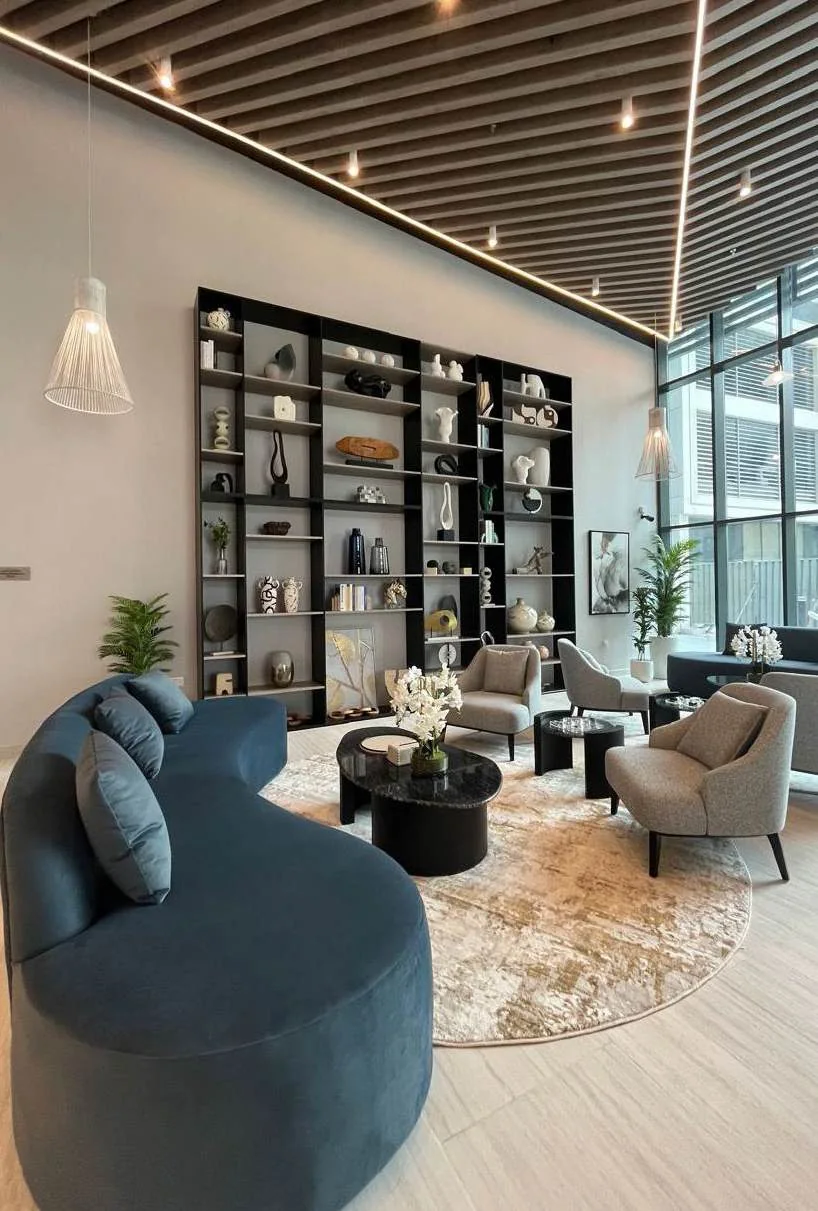 Completed workplace breakout area with curved seating, shelving and coordinated lighting