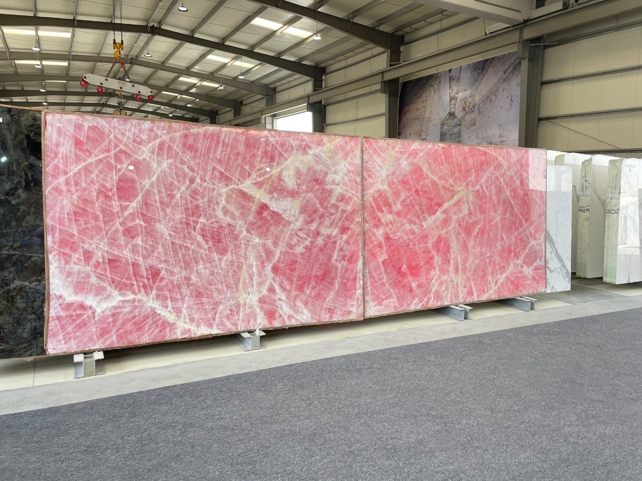 Bookmatched pink slabs at the stone yard (Workshop or stone yard)