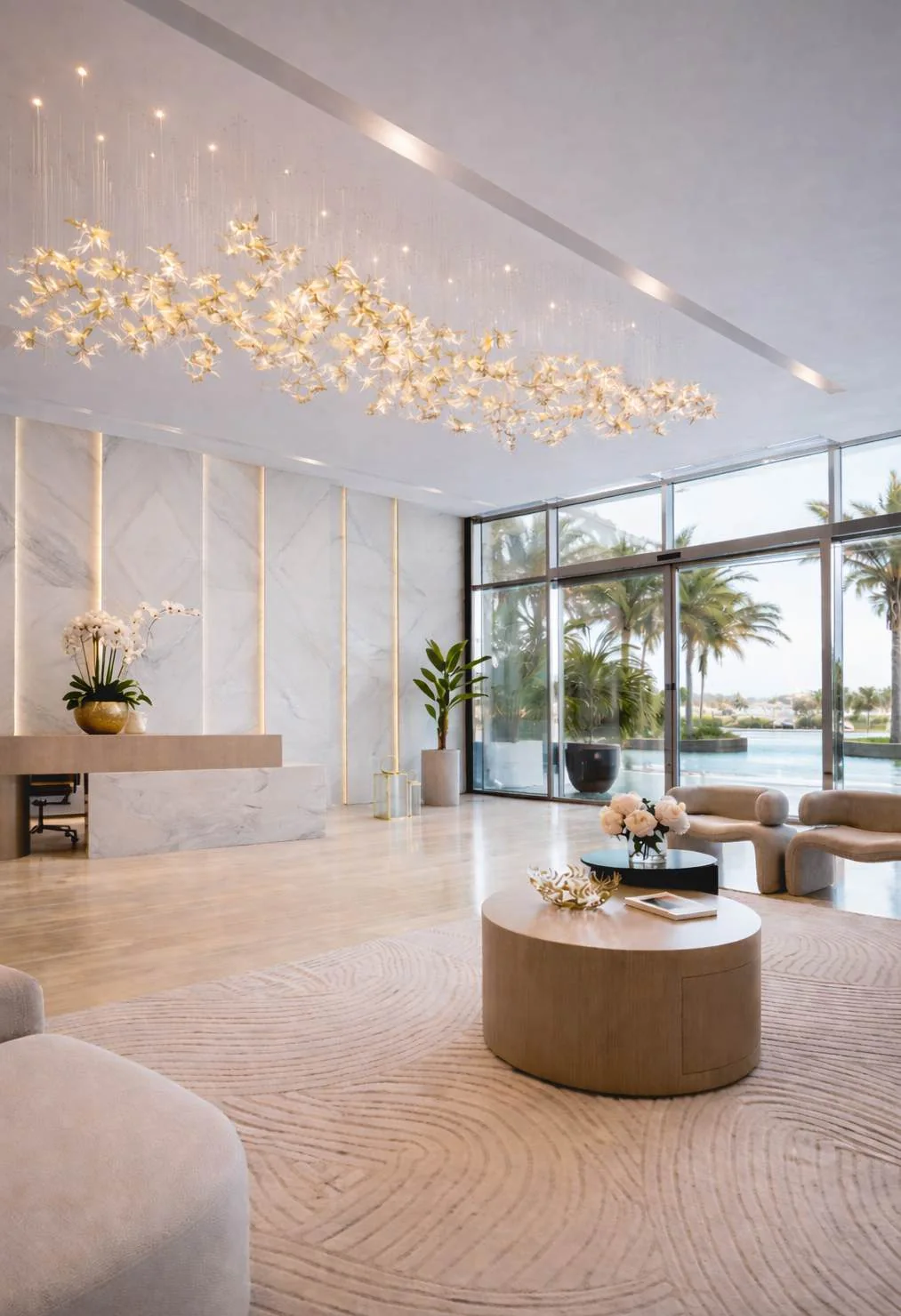 Light show-property lounge with curved seating, pendant feature and styled tables
