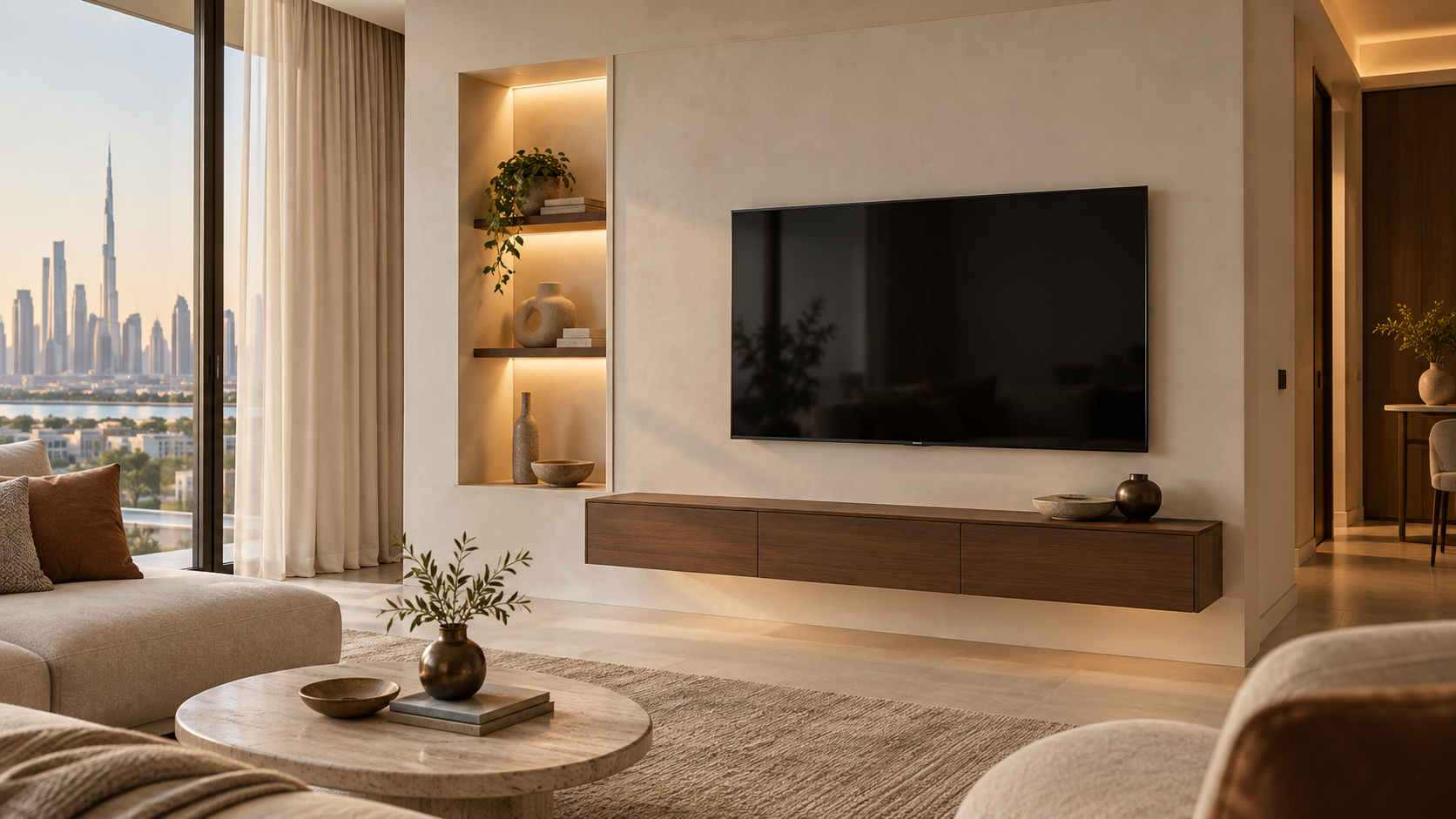 Compact media wall with a microcement finish, floating walnut console and lit niche