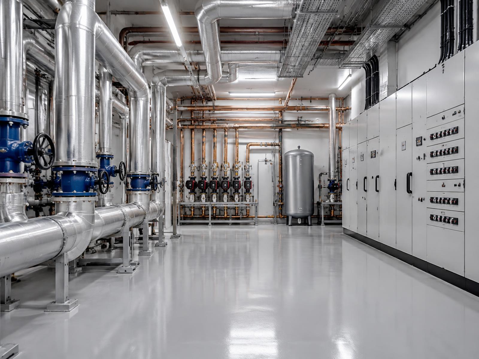 Completed plant room with ordered pipework, valves, pumps and electrical distribution panels