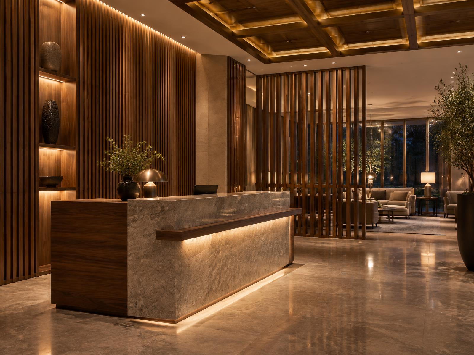 Completed hotel reception with stone and timber desk, fluted wall panelling and a slatted partition screen