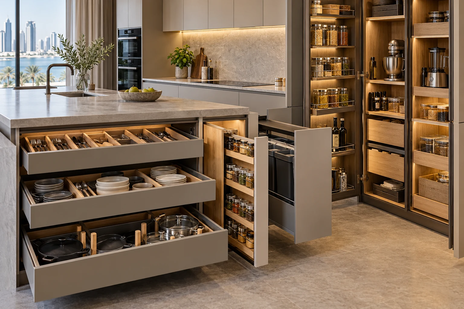 Kitchen storage design direction with open drawers and fitted internal organisers