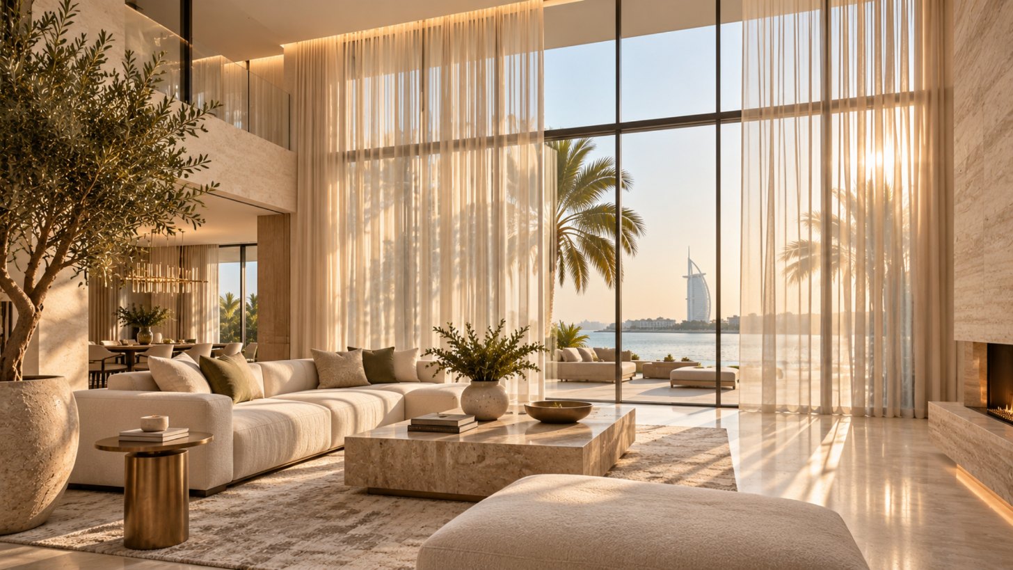 Sheer curtains on recessed tracks across full-height glazing