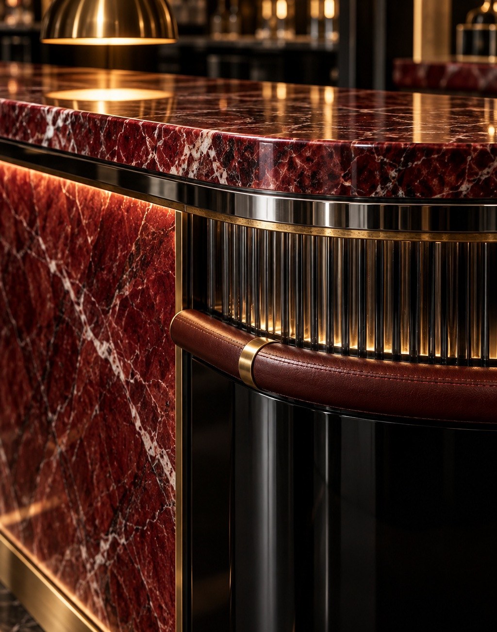 Design concept of a red stone bar front with metal trim and leather rail