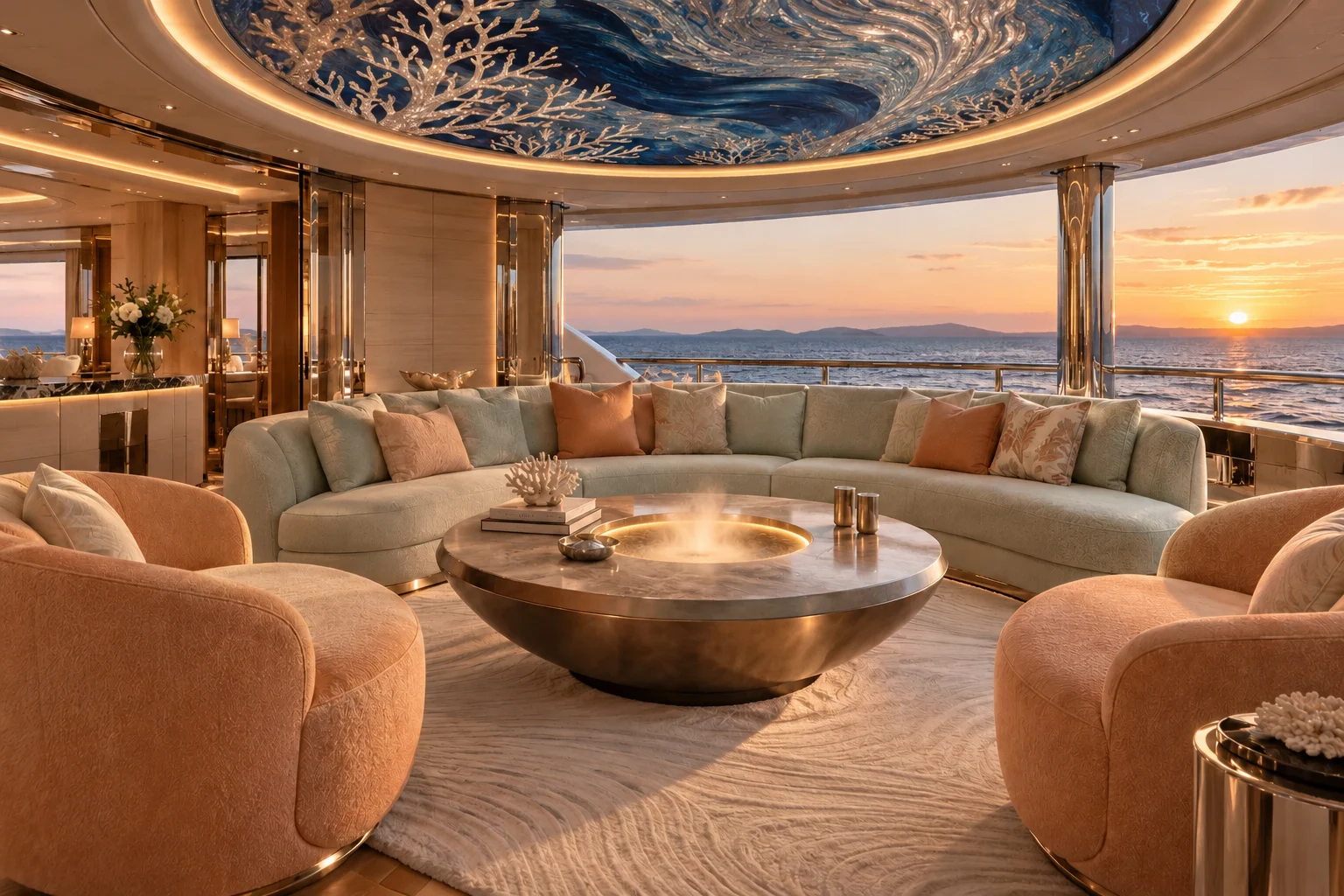 Evening lounge on a yacht with curved seating around a round stone table, facing the sunset