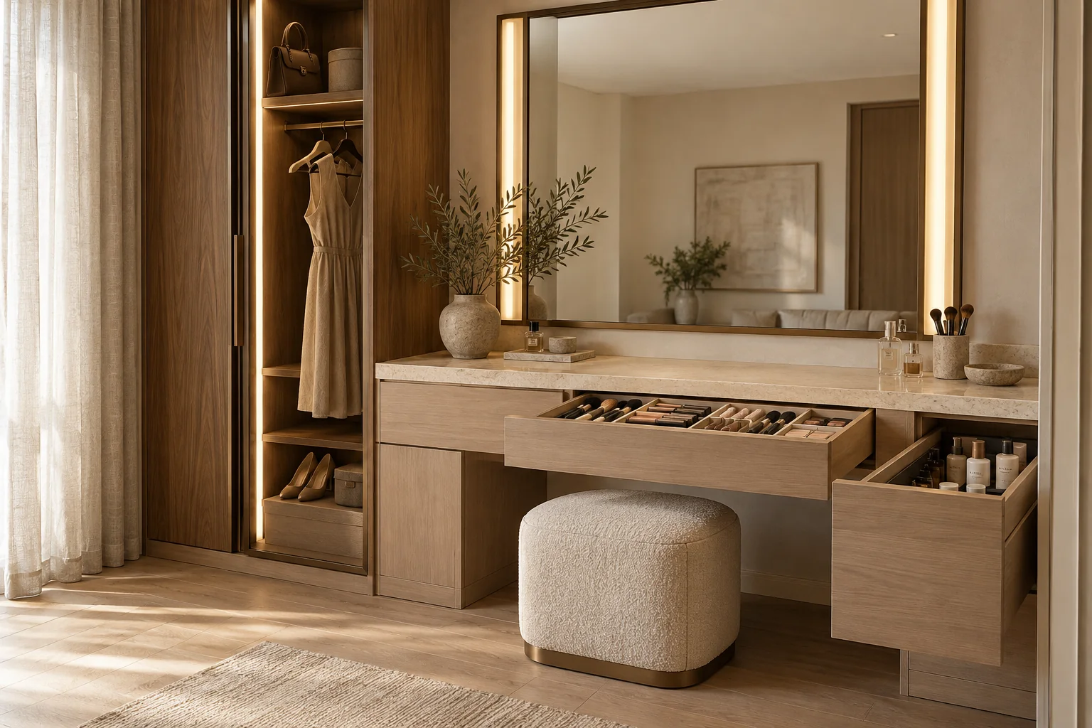 Dressing table with illuminated mirror, open beauty drawers and a seat
