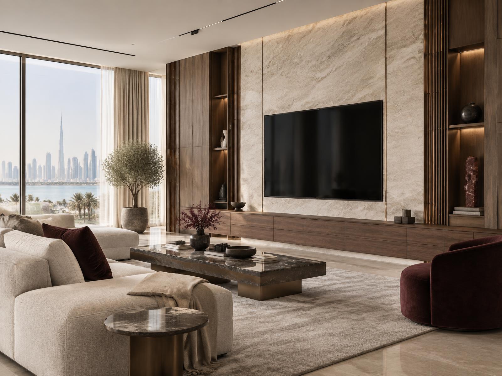 Bespoke media wall combining pale stone, walnut joinery and bronze details