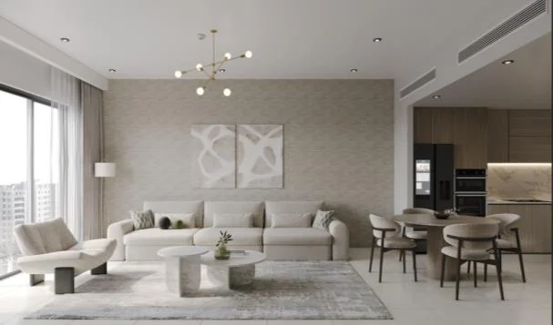 Layered living and dining room with curved sofa, chairs and timber tables