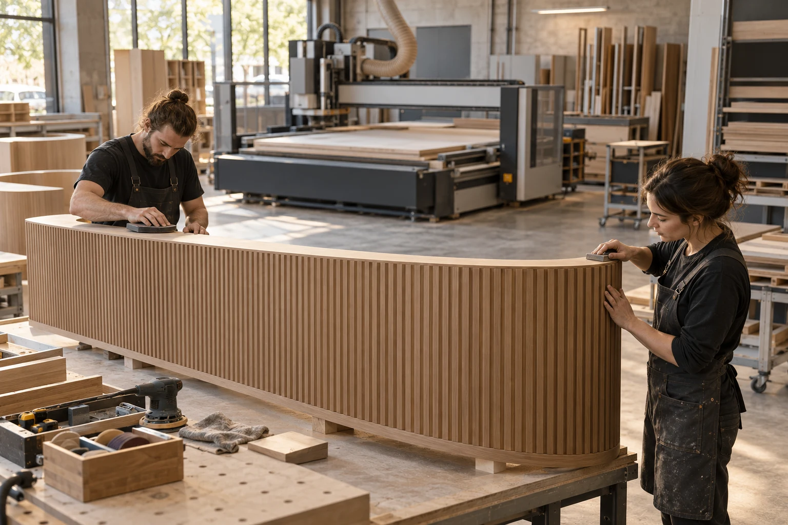 Workshop concept of two people sanding a curved timber counter with fluted fronts