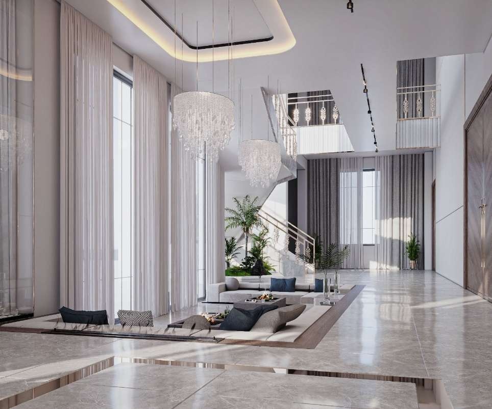 Villa entrance design concept with marble flooring, timber screens and a planted interior courtyard