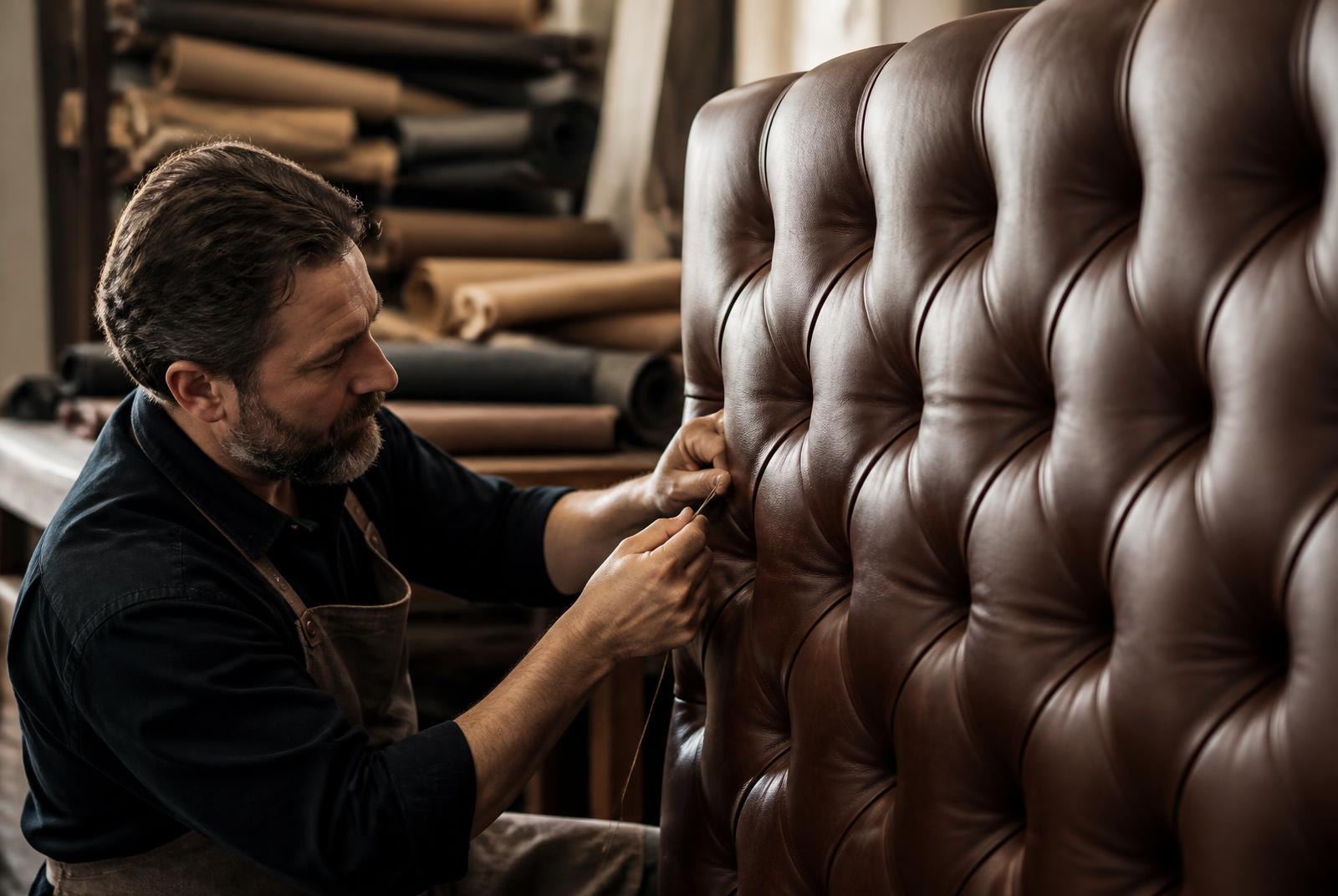 Upholsterer hand-stitching a deep buttoned leather headboard