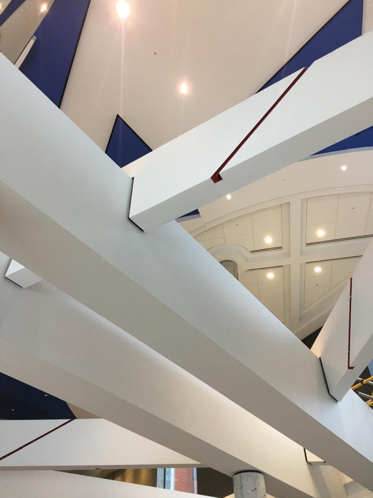 Intersecting ceiling forms with coordinated recessed and linear lighting