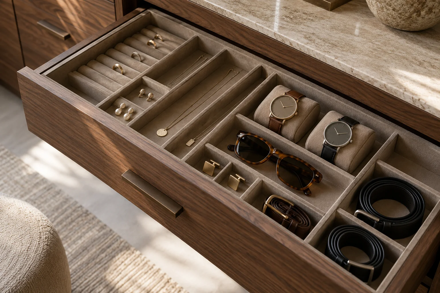 Open divided drawer containing jewellery, watches and sunglasses