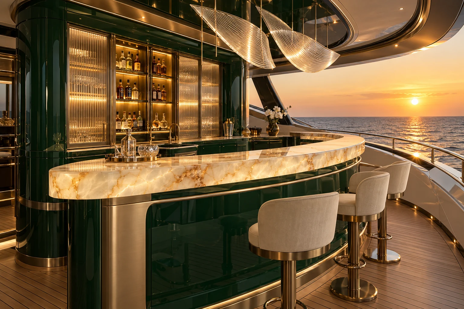 Curved jade bar following the line of the hull
