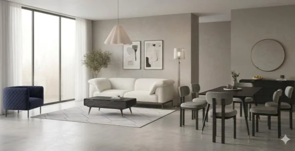 Pale living and dining room with sofa, chairs, tables and pendant lighting